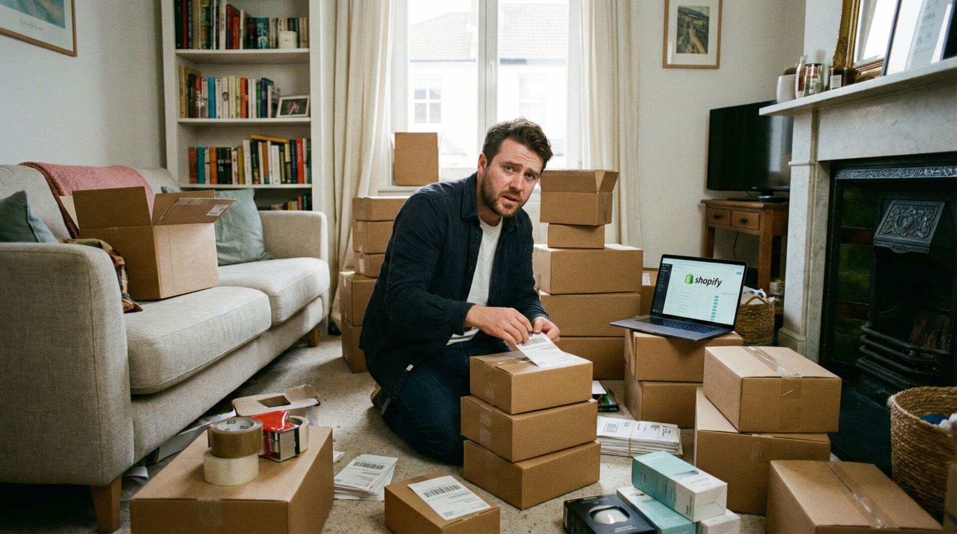 Ein gestresster Gründer packt Pakete für seinen Spotify-Store in einem überfüllten Wohnzimmer.